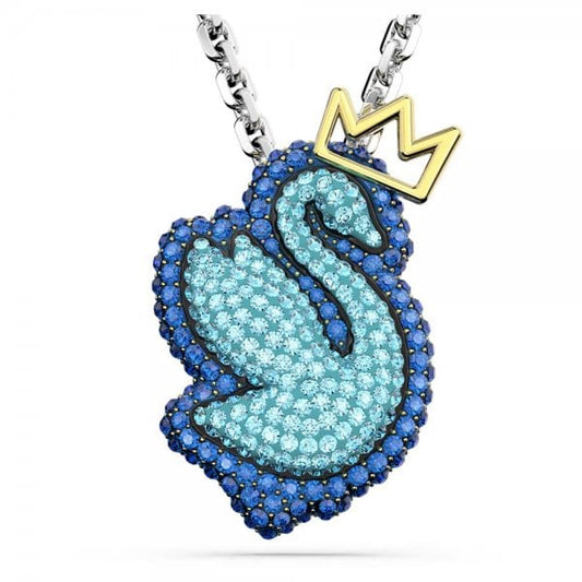 Pop Swan pendant, Swan, Long, Blue, Rhodium