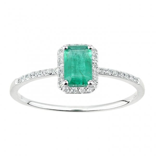 Diamond 0.10ct, Emerald, 18ct White Gold Ring