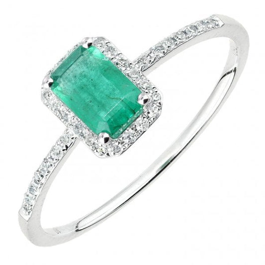 Diamond 0.10ct, Emerald, 18ct White Gold Ring