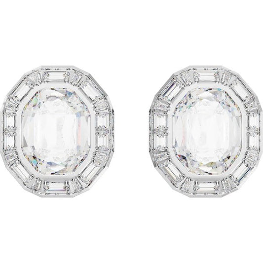 Mesmera clip earrings, Octagon cut, White, Rhodium