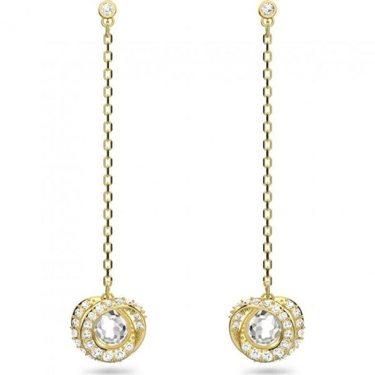 Generation drop earrings, Long, White, Gold-tone