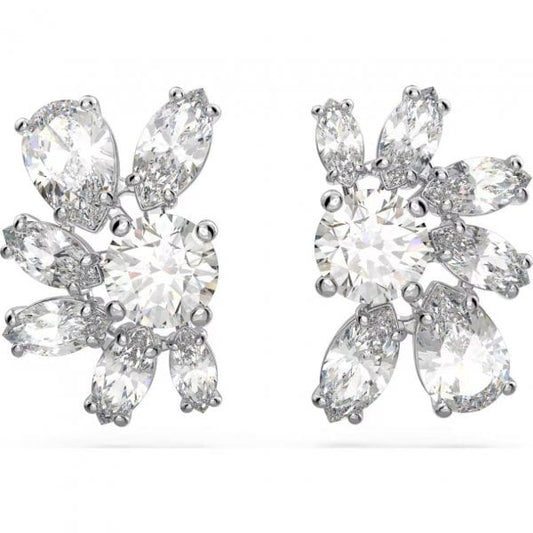 Gema stud earrings, Flower, White, Rhodium plated