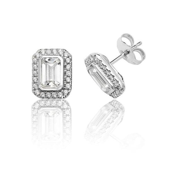 Silver Bezel Set Halo Style Emerald Cut Studs