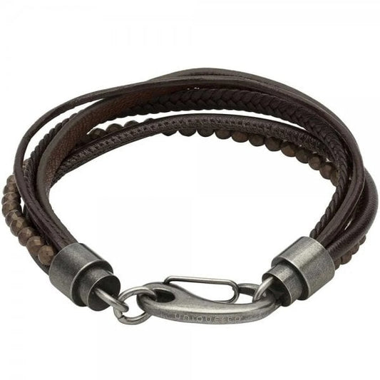 Gents Gun Metal Brown Leather Bracelet