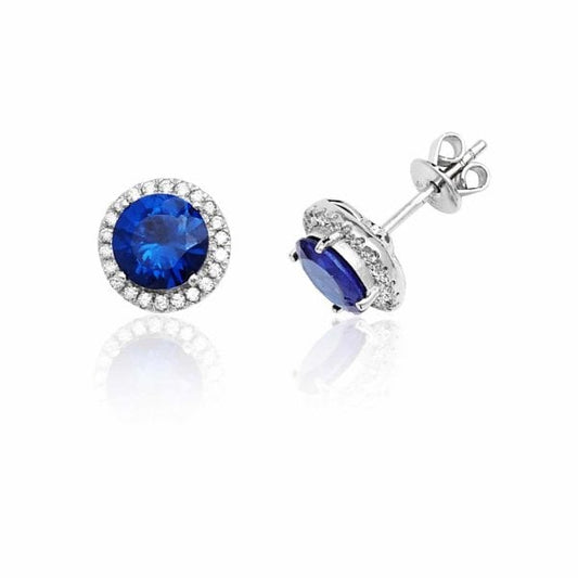 Silver Claw Set Halo Style Round Blue Studs