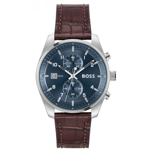 Men’s SkyTraveller 44mm Leather Strap Watch