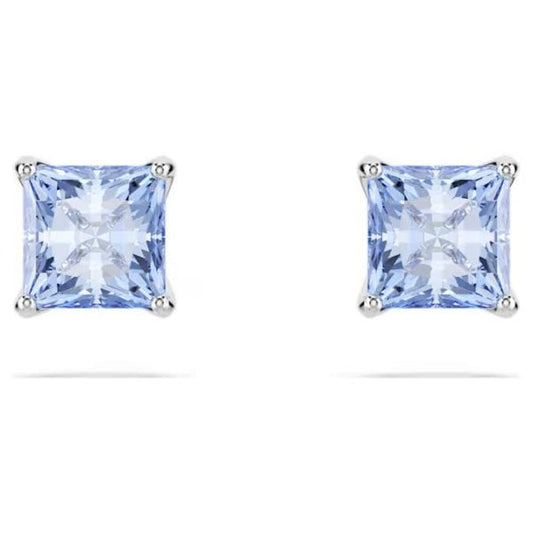 Matrix stud earrings, Square cut, Blue, Rhodium