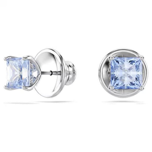 Matrix stud earrings, Square cut, Blue, Rhodium