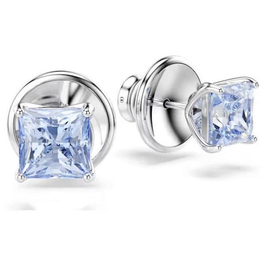 Matrix stud earrings, Square cut, Blue, Rhodium