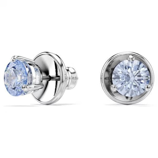 Solitaire stud earrings, Round cut, Blue, Rhodium