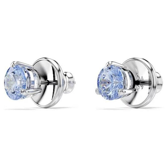Solitaire stud earrings, Round cut, Blue, Rhodium
