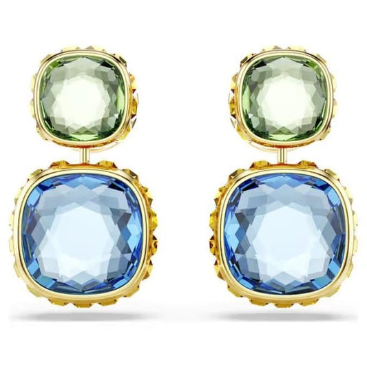 Chroma drop earrings, Cushion cut, Gold-tone