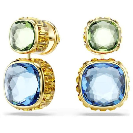 Chroma drop earrings, Cushion cut, Gold-tone