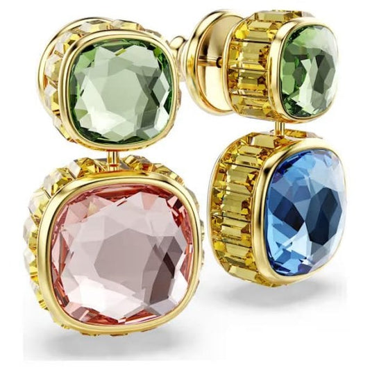 Chroma drop earrings, Cushion cut, Gold-tone