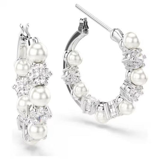 Matrix drop earrings, Crystal pearl, Rhodium