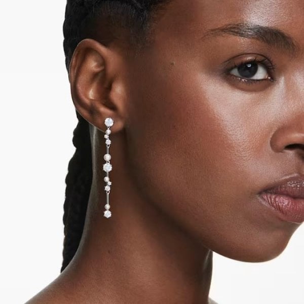 Constella drop earrings, Crystal pearl, Rhodium