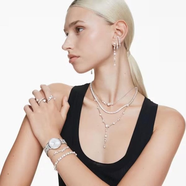 Constella drop earrings, Crystal pearl, Rhodium