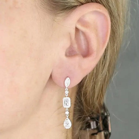 Sterling Silver Earrings - CZ Mixed Halo Drop
