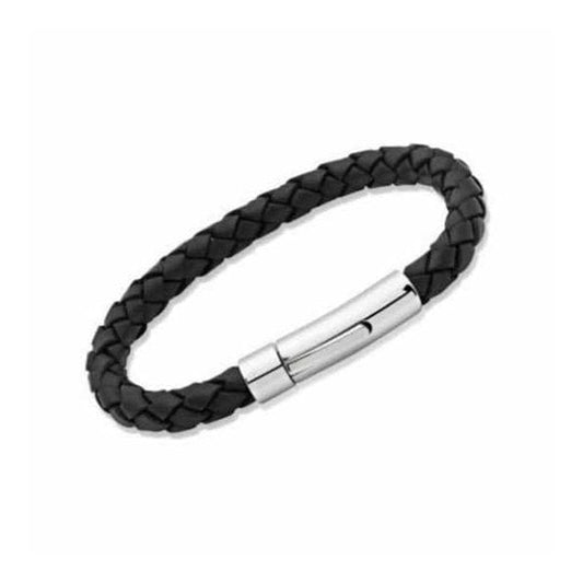Stainless Steel Black Braided Leather Bracelet