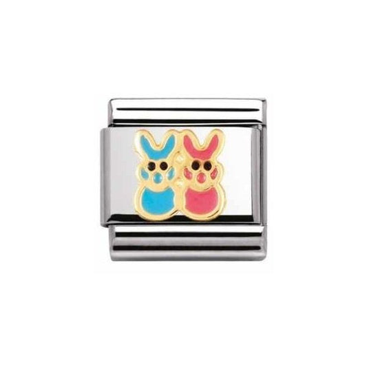 Gold Pink & Blue Enamel Bunnies Charm