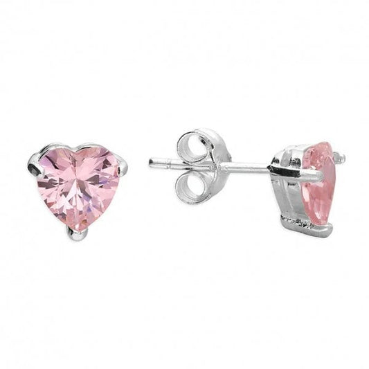 Ladies Sterling Silver Pink CZ Heart Stud Earrings