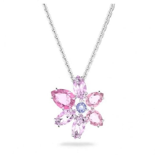 Gema pendant, Mixed cuts, Flower, Pink, Rhodium