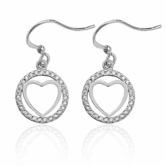 Silver Plain Heart Round Halo Style Earrings
