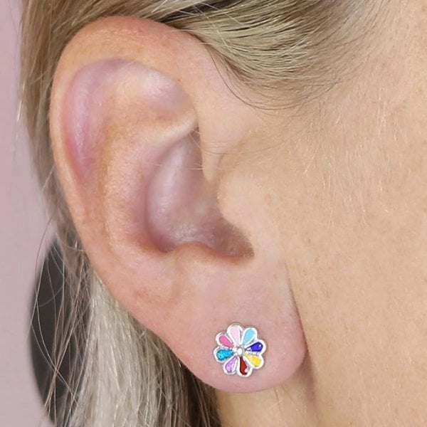 Sterling Silver Multi-Enamel Flower Studs