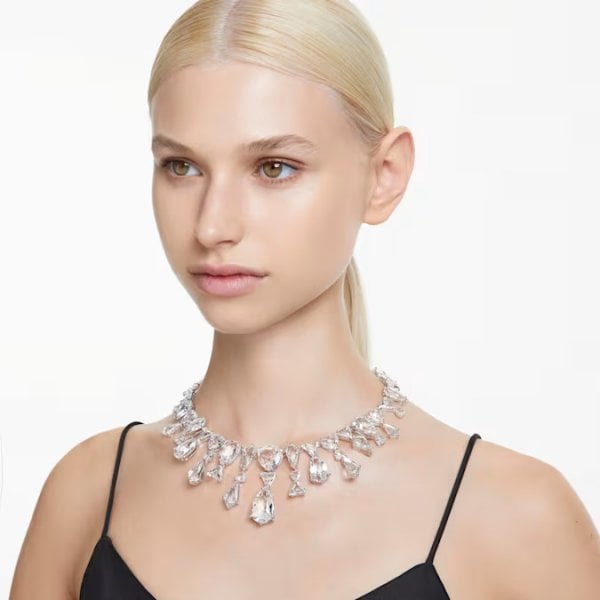 Mesmera necklace, Statement, Mixed cuts, White, Rhodium