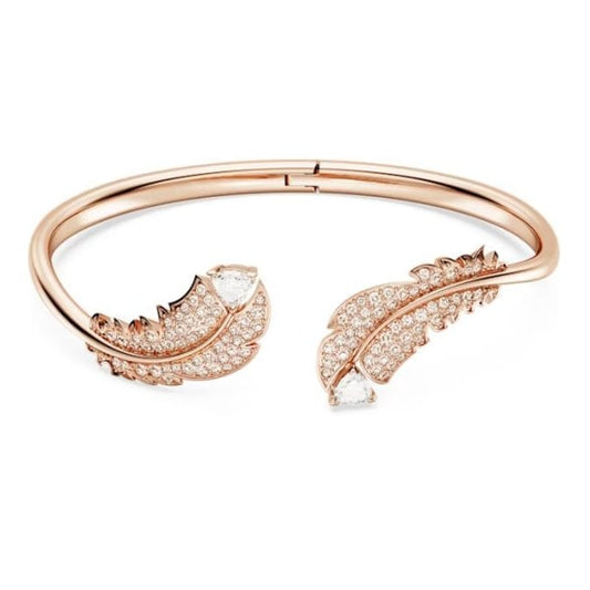 Idyllia bangle, Feather, White, Rose gold-tone, L