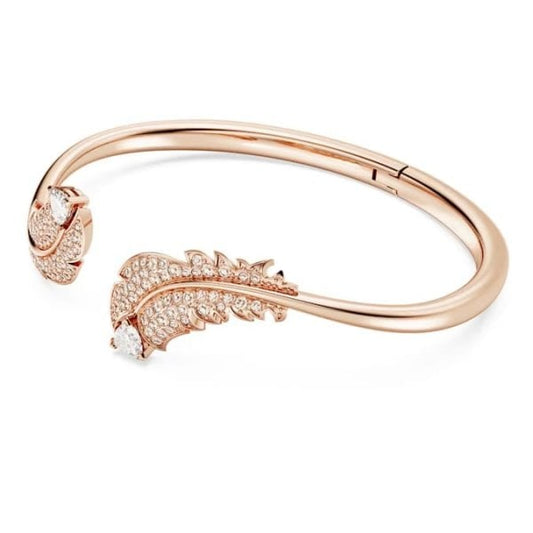 Idyllia bangle, Feather, White, Rose gold-tone, L