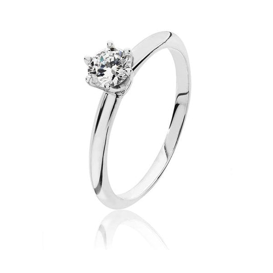 SILVER 5 MM RND 6 CLAW S/S CZ RING RHODIUM PLATED