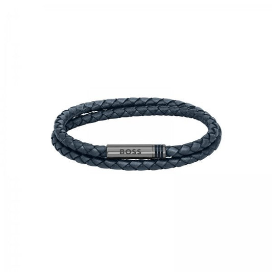 Gents Ares Navy Blue Double Wrap Leather Bracelet