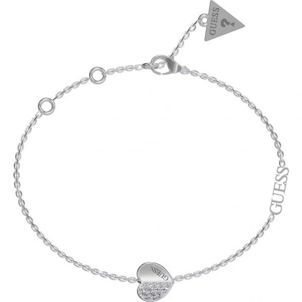 Rhodium Plated Plain & Pave Heart Charm Bracelet