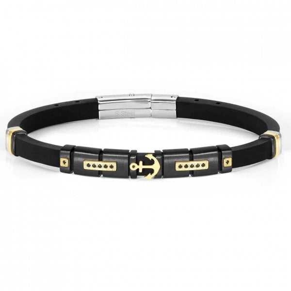 CITY bracelet in steel, cz and rubber fin. YELLOW GOLD Anchor
