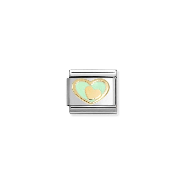 CLASSIC Stainless Steel 18ct Yellow Gold Pastel Green Double Heart Charm