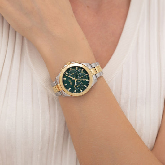 Ladies Alley Lux 36mm Two Tone Crystal Green Dial Quartz Watch