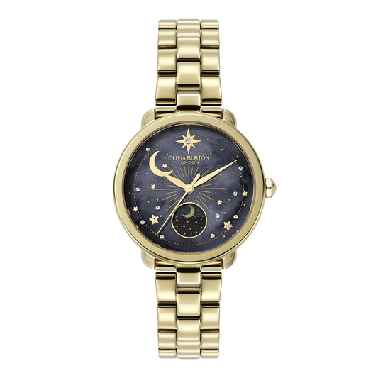 Celestial 34mm Moon Phase Black & Gold Bracelet Watch