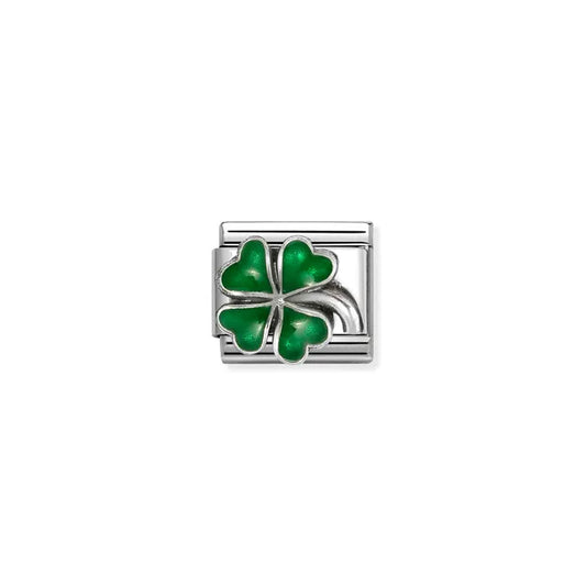 Classic Oxidised Silver and Enamel Green Four-Leaf Clover Charm