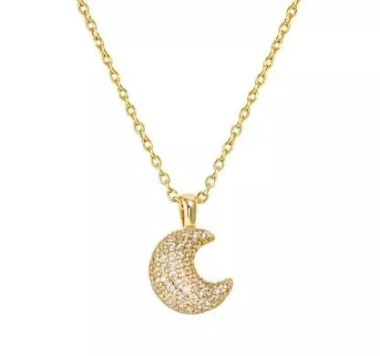 Lifepoetry Necklace in 925 Sterling Silver and Cubic Zirconia Pave Gold Moon