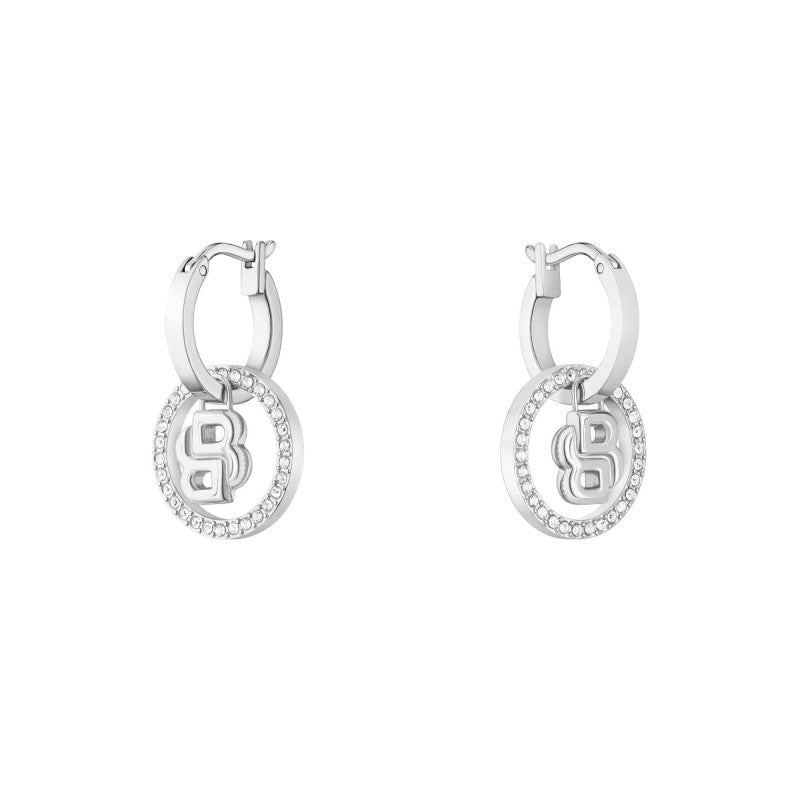 Double B Silver Drop Hoop Earrings