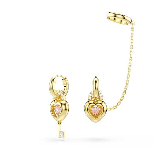 Idyllia drop earrings with ear cuff, Mixed cuts, Heart with key, Pink, Gold-tone plated
