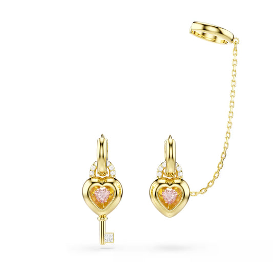Idyllia drop earrings with ear cuff, Mixed cuts, Heart with key, Pink, Gold-tone plated