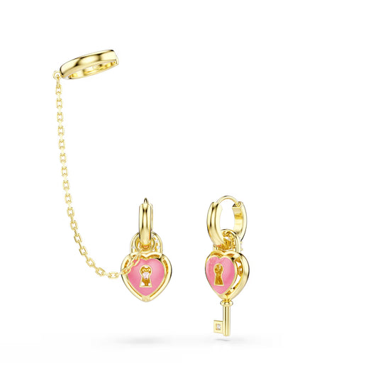 Idyllia drop earrings with ear cuff, Mixed cuts, Heart with key, Pink, Gold-tone plated