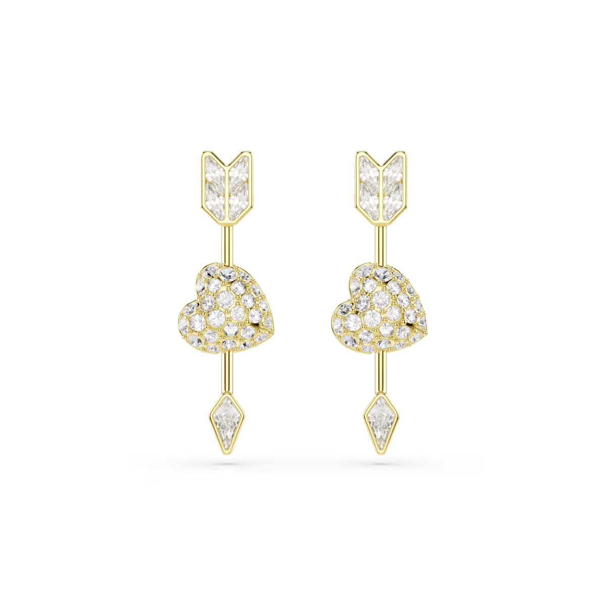 Idyllia drop earrings, Mixed cuts, Heart with arrow, White, Gold-tone plated
