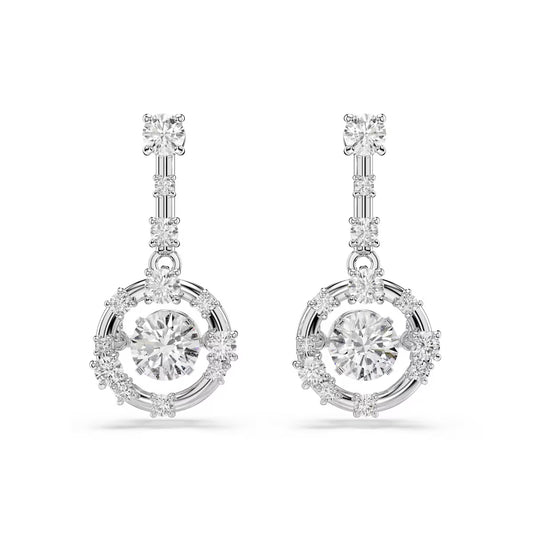 Constella drop earrings, Round cut, Dancing stone, White, Rhodium plated