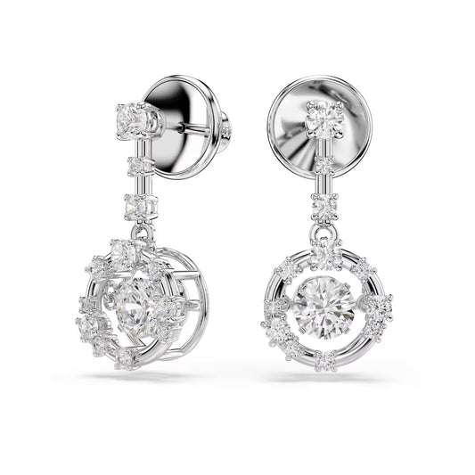 Constella drop earrings, Round cut, Dancing stone, White, Rhodium plated