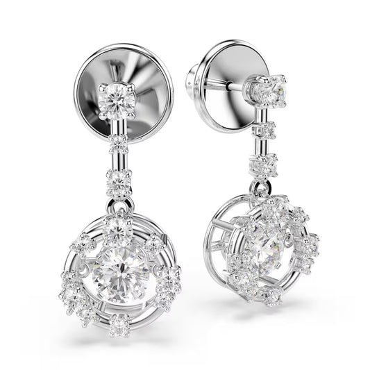 Constella drop earrings, Round cut, Dancing stone, White, Rhodium plated