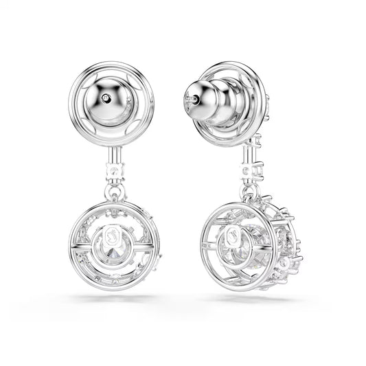 Constella drop earrings, Round cut, Dancing stone, White, Rhodium plated