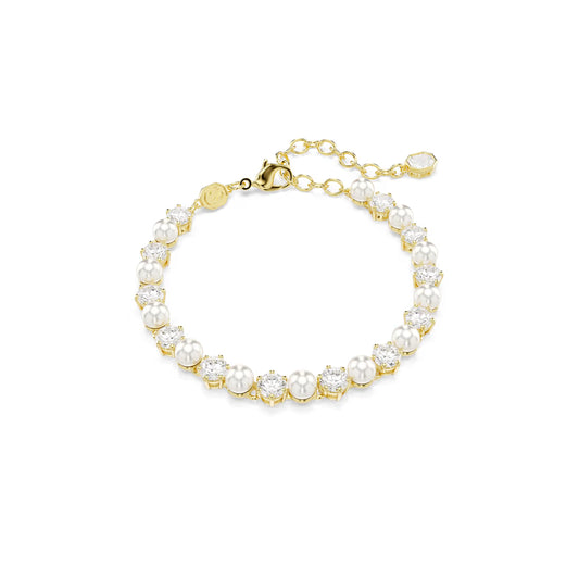 Matrix Tennis bracelet, Crystal pearl, Round cut, White, Gold-tone plated